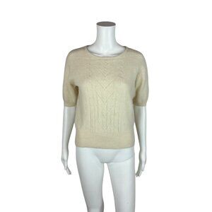 Vintage 90s Angora Sweater Women's Medium Cream Wool Short Sleeve Pullover